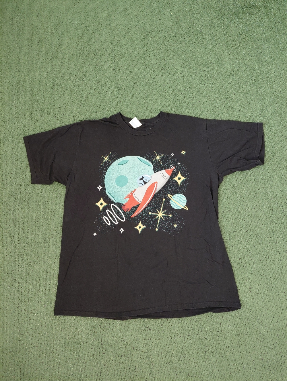 Space Rocket Ship Space Shop Cat Funny Moon Black T Shirt Sz XL